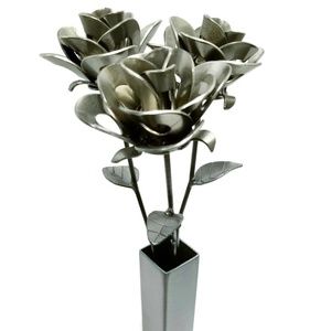 Three Steel Welded Metal Roses and Vase